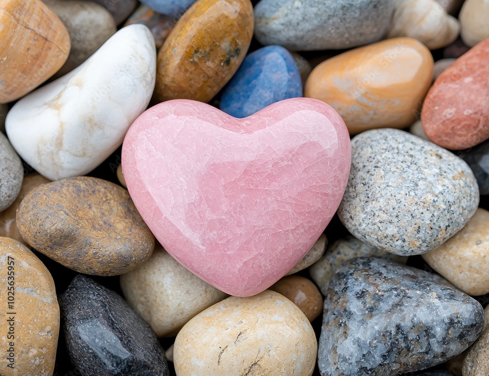 pink heart-shaped crystal among smooth stones pink heart-shaped crystal among smooth stones