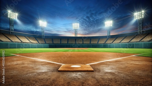 Empty baseball field with focus on first base and outfield wall reflection photo