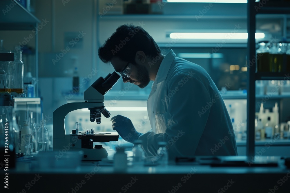 Pharmaceutical lab with scientist using microscope, with copy space