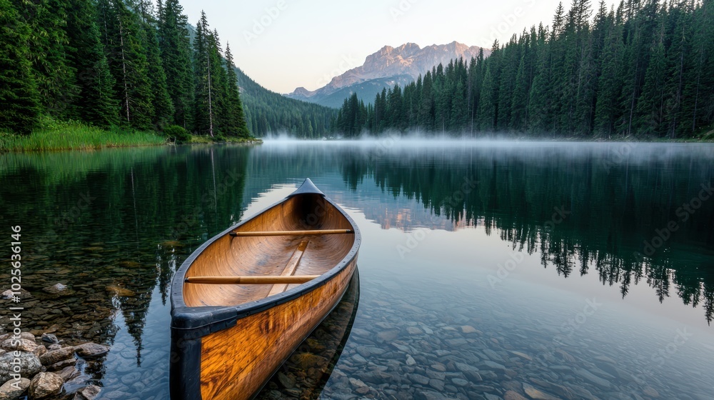 Serene mountain lake with wooden canoe