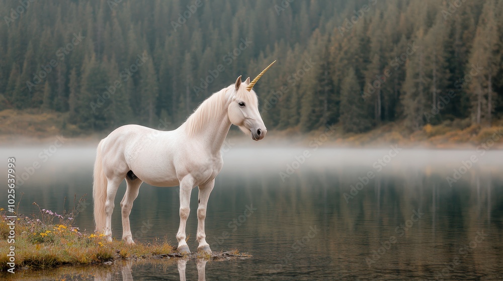 Majestic white unicorn standing in serene lake Majestic white unicorn standing in serene lake