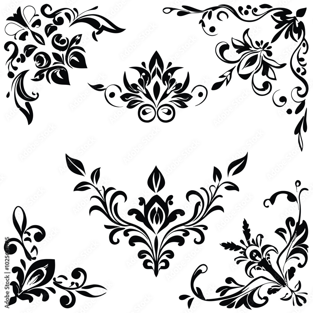 Vector Art Floral Corners with Leaves, Flowers, and Swirls in Gabriele Dell'otto Style Vector Art Floral Corners with Leaves, Flowers, and Swirls in Gabriele Dell'otto Style