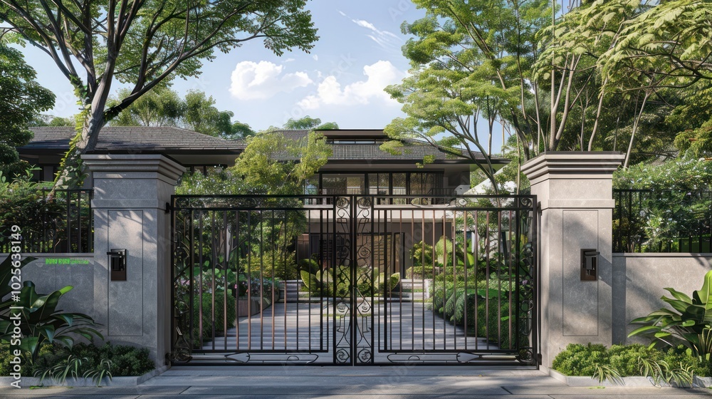 Modern Home with Ornate Gate and Lush Greenery Modern Home with Ornate Gate and Lush Greenery