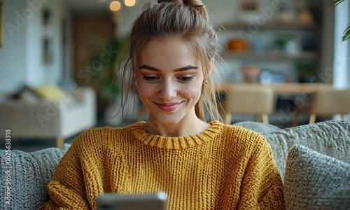 A young woman smiles while using her smartphone on a cozy couch.