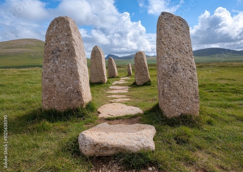 ancient stone monoliths in a grassy field