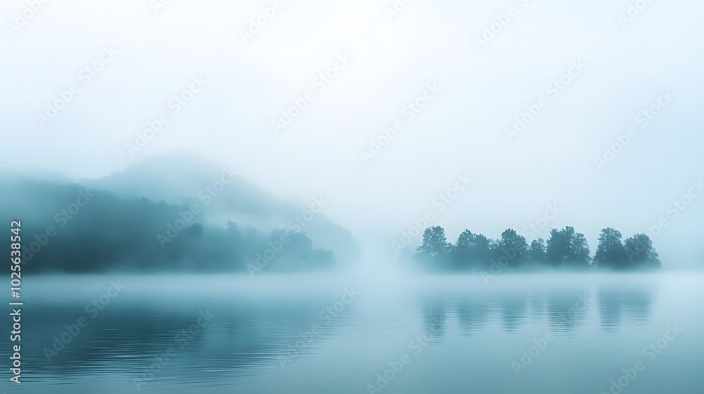 Abstract foggy landscape: Minimal landscape elements, like distant hills or trees, fading into a soft mist, representing quiet solitude and reflection