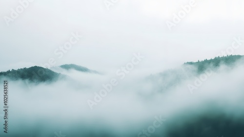 Abstract foggy landscape: Minimal landscape elements, like distant hills or trees, fading into a soft mist, representing quiet solitude and reflection