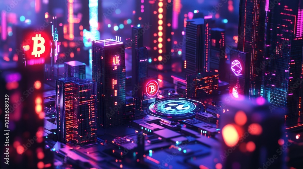 Fototapeta premium A digital cityscape with decentralized financial hubs, cryptocurrency symbols, blockchain technology, and decentralized exchanges,
