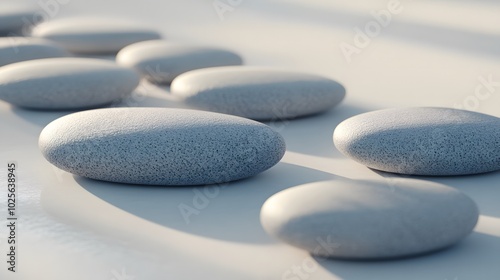 Abstract pebble shapes: Organic pebble-like forms arranged in a minimalist layout, with soft shadows and gradients enhancing the sense of calm and simplicity