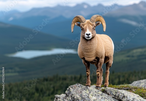 Majestic mountain ram standing on rocky cliff