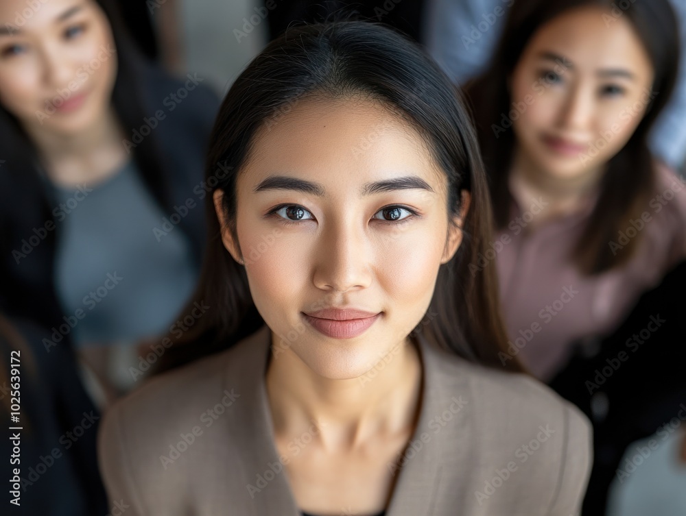 A diverse Asian person for diversity and inclusion marketing, highlighting the subject in a collaborative environment, surrounded by people from different backgrounds, symbolizing inclusion and unity