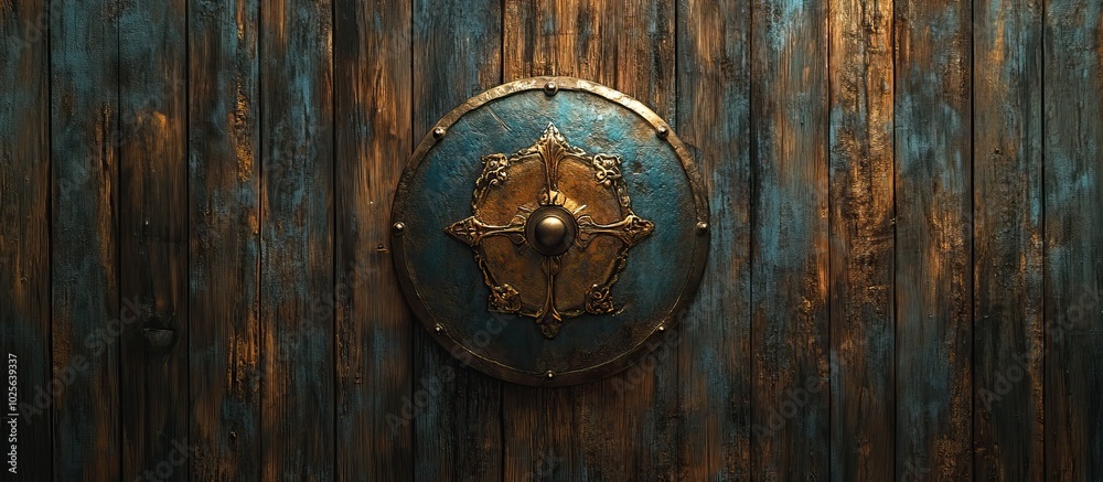Medieval Shield on Wooden Wall Medieval Shield on Wooden Wall