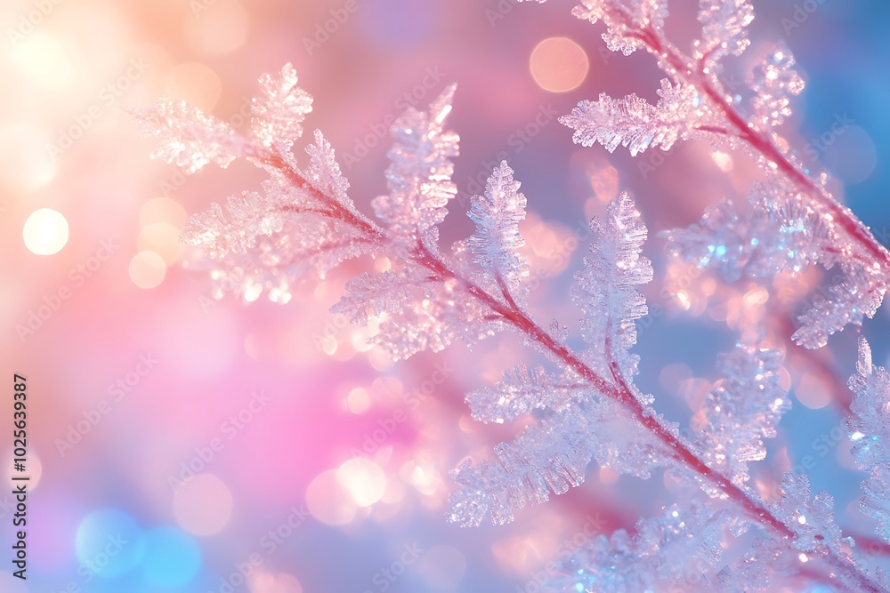 Close-up of delicate frosty branches with a soft pastel bokeh background. Close-up of delicate frosty branches with a soft pastel bokeh background.