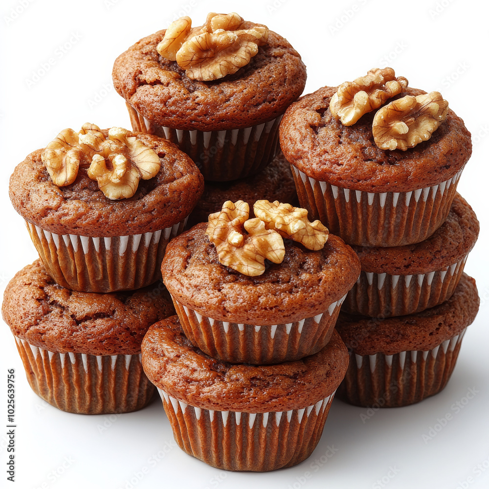 Homemade banana muffins stacked high, topped with walnuts, showcasing delicious treat perfect for any occasion. Their warm, inviting appearance is sure to delight! Homemade banana muffins stacked high, topped with walnuts, showcasing delicious treat perfect for any occasion. Their warm, inviting appearance is sure to delight!