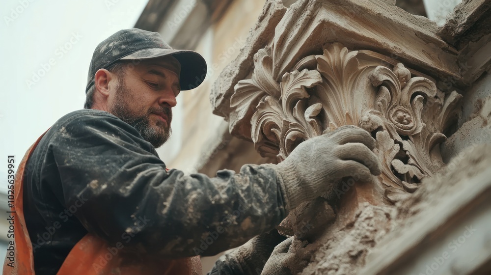 Obraz premium A focused construction worker focusing on historical restoration, with workers carefully restoring architectural details on historical buildings, using traditional tools 
