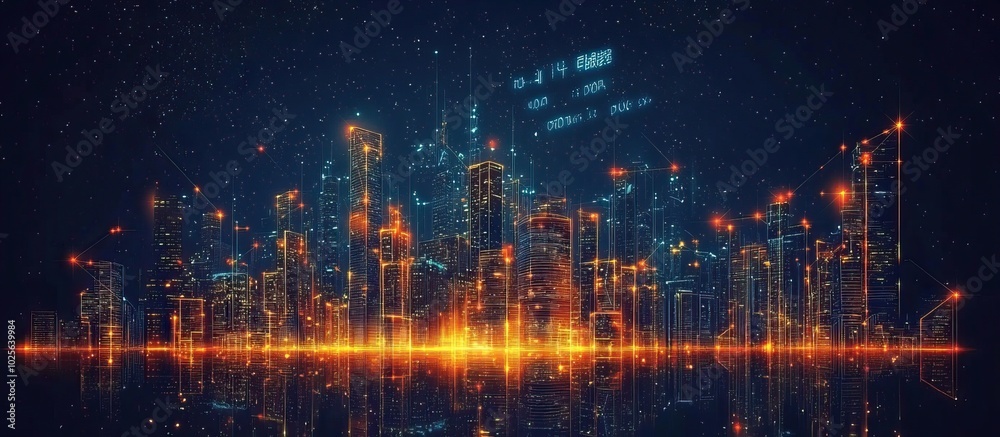Obraz premium Digital Cityscape with Glowing Lights and Data