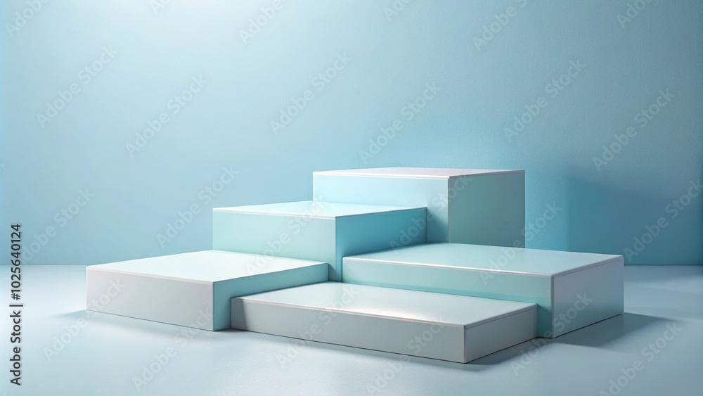 Empty pastel blue and white podiums of varying sizes on close-up view Empty pastel blue and white podiums of varying sizes on close-up view