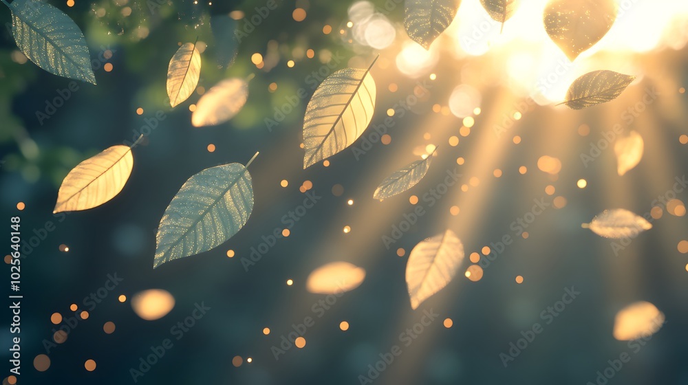 Abstract floating leaves with light rays: Softly illuminated abstract leaves floating in the air, with light passing delicately between them, creating soft shadows Abstract floating leaves with light rays: Softly illuminated abstract leaves floating in the air, with light passing delicately between them, creating soft shadows