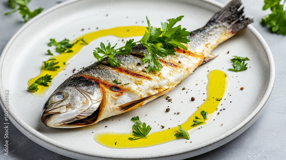Minimalist fish plate with a single grilled sea bass garnished with parsley and olive oil drizzle Minimalist fish plate with a single grilled sea bass garnished with parsley and olive oil drizzle
