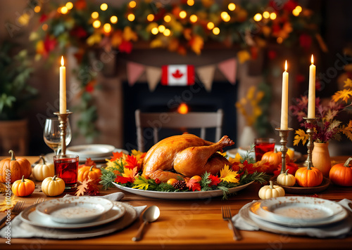 Thanksgiving Dinner Table Setting with Roasted Turkey