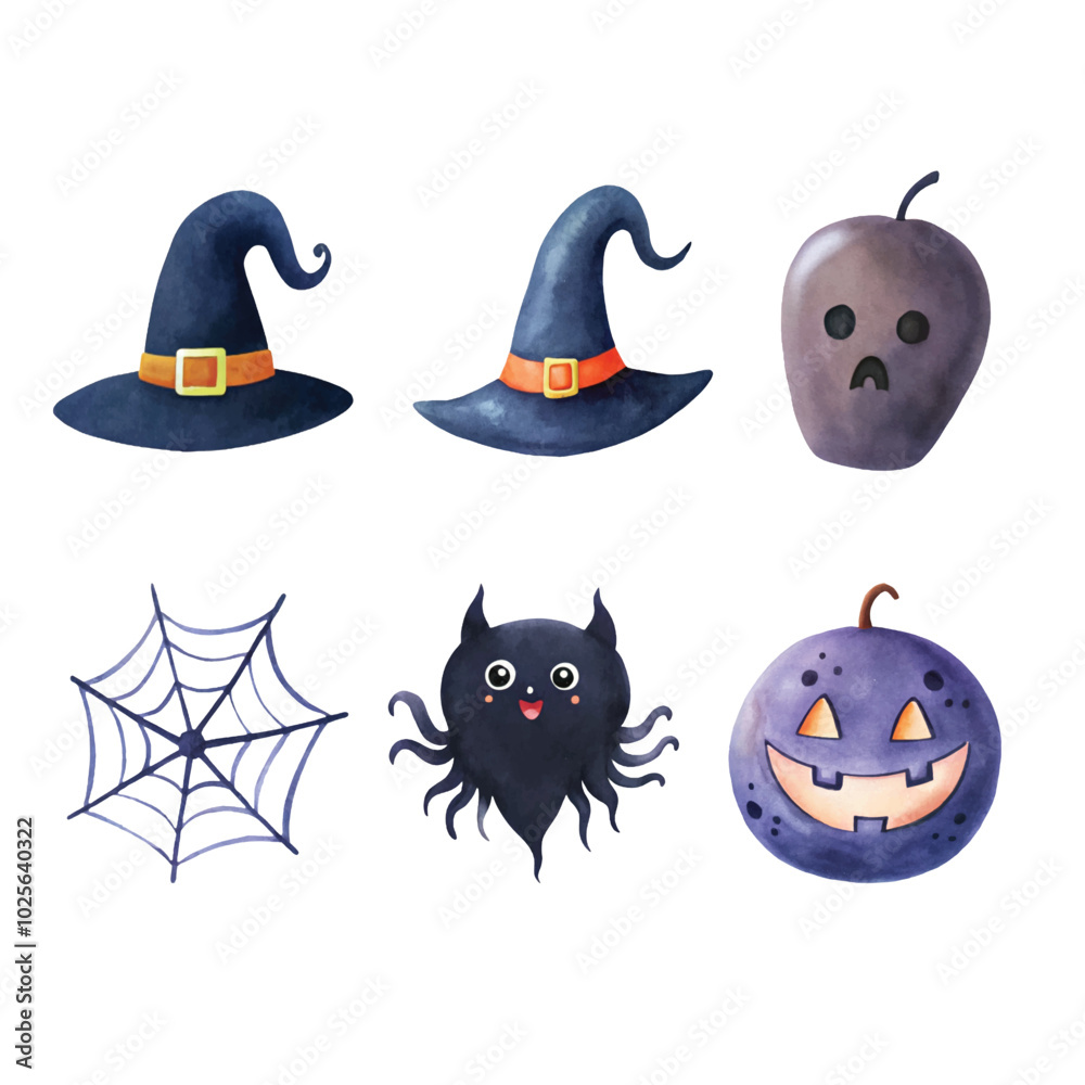 Whimsical Halloween collection with witch hats, creepy creatures, and pumpkins Whimsical Halloween collection with witch hats, creepy creatures, and pumpkins