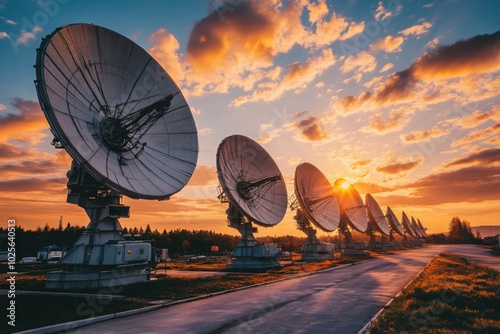 Satellite dish array at dusk, with copy space