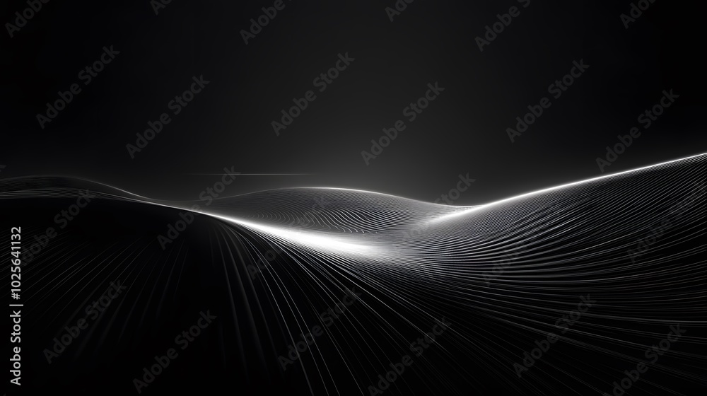 Soft glowing lines in the dark: Minimalistic lines softly glowing in a dark, open space, creating a peaceful visual with smooth transitions between light and shadow