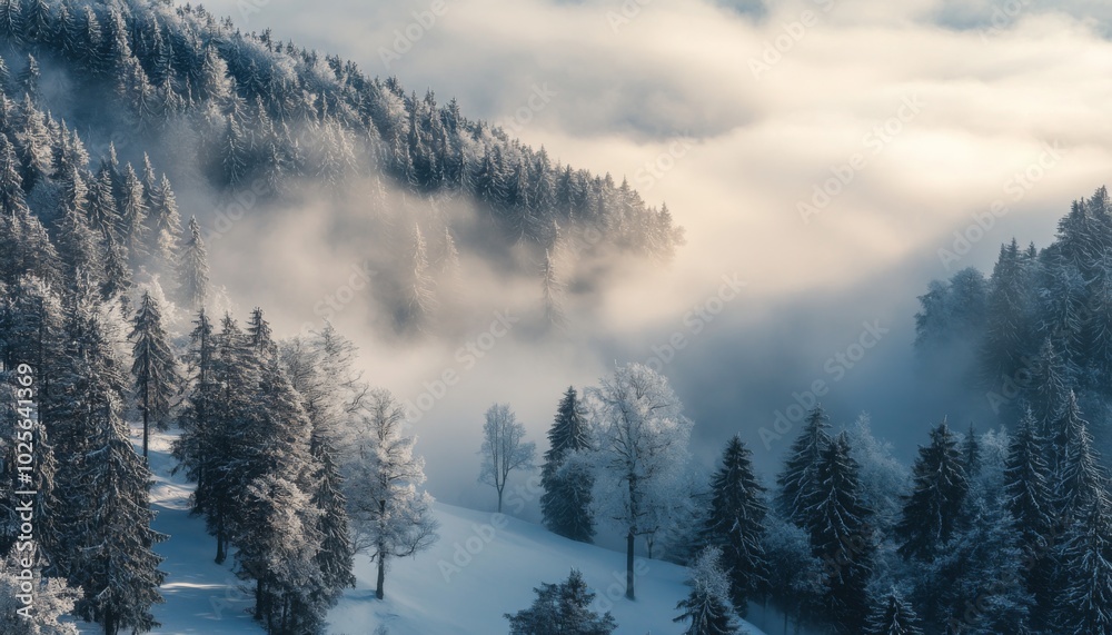 A scenic view of a snowy forest shrouded in fog with sunlight filtering through the trees. A scenic view of a snowy forest shrouded in fog with sunlight filtering through the trees.