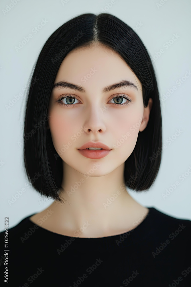 Fototapeta premium people of ai // beautiful young woman with white skin and black bob cut hair, blue eyes, black cloth, neutral expression, white background, photorealistic