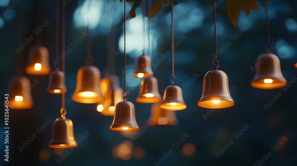 Obraz premium Hanging bells glowing in warm tones: Softly glowing hanging bells in warm colors, gently suggesting the calming sound of soft chimes