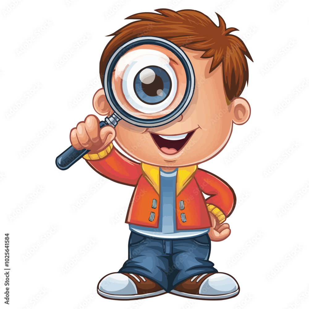 A curious cartoon boy holding a magnifying glass up to his eye A curious cartoon boy holding a magnifying glass up to his eye