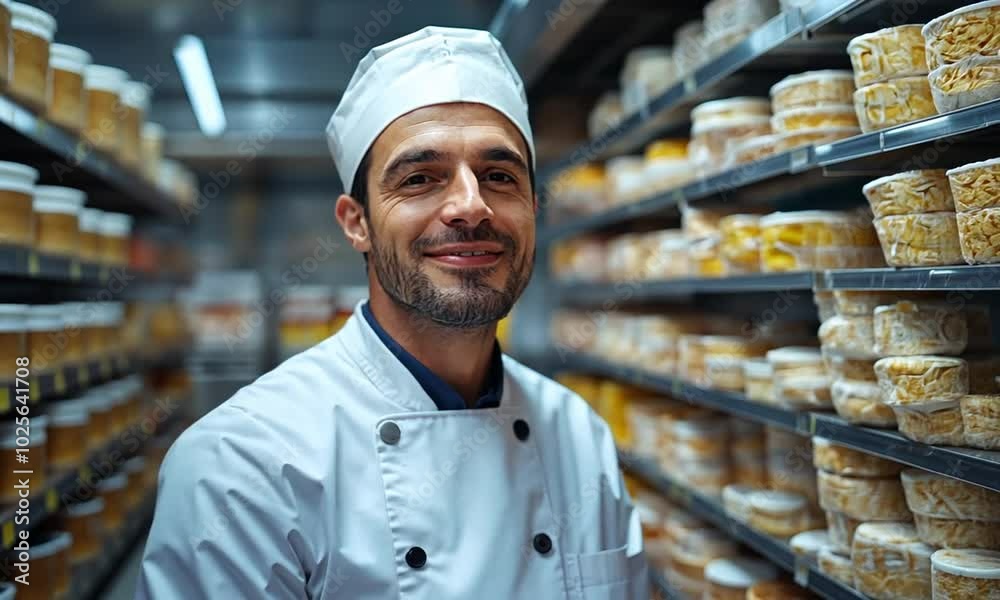 Smiling chef in a cheese storage area, showcasing various cheeses.