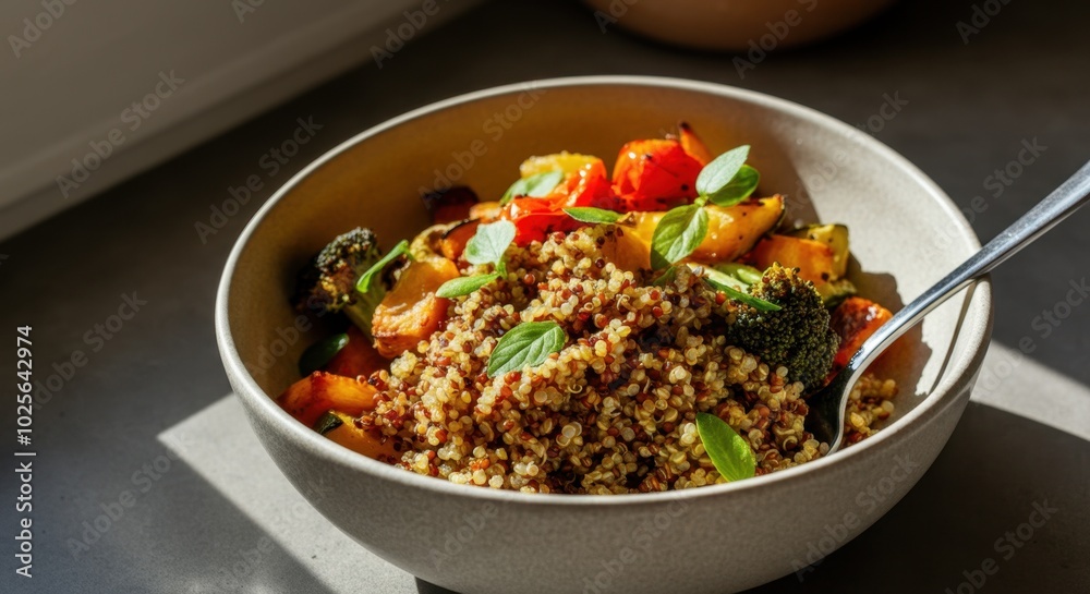 Hearty quinoa salad with roasted vegetables in bowl fork Hearty quinoa salad with roasted vegetables in bowl fork