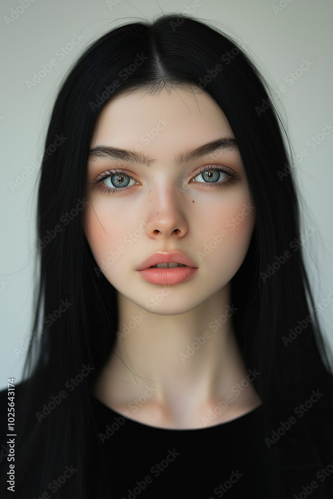 people of ai // beautiful young woman with white skin and long black hair, blue eyes, full lips, black cloth, neutral expression, white background, photorealistic people of ai // beautiful young woman with white skin and long black hair, blue eyes, full lips, black cloth, neutral expression, white background, photorealistic
