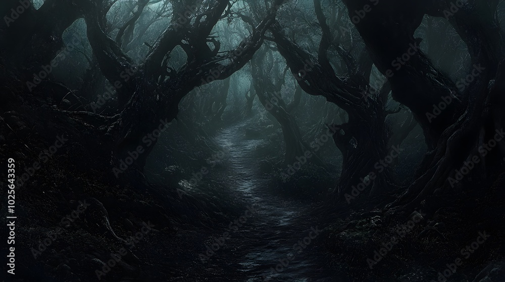 Obraz premium A dark, oppressive forest with paths that lead nowhere: The trees are gnarled and twisted, with no visible way out.