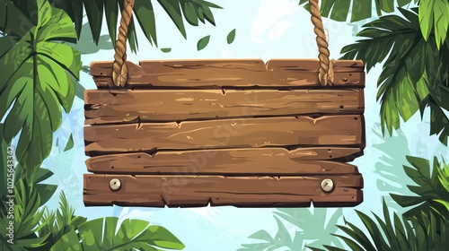 Game interface wooden sign designd with jungle themes and palm leaves, cartoon vector.