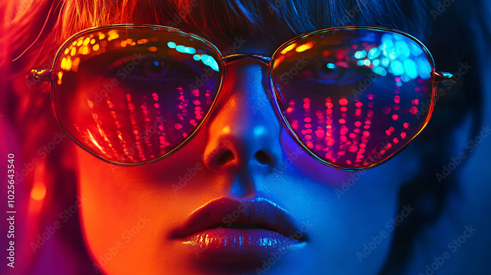 Portrait of a person wearing futuristic sunglasses, illuminated by neon light in contrasting colors, with vibrant reflections adding depth and a sense of mystery Generative AI