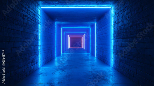 A blue tunnel with neon lights