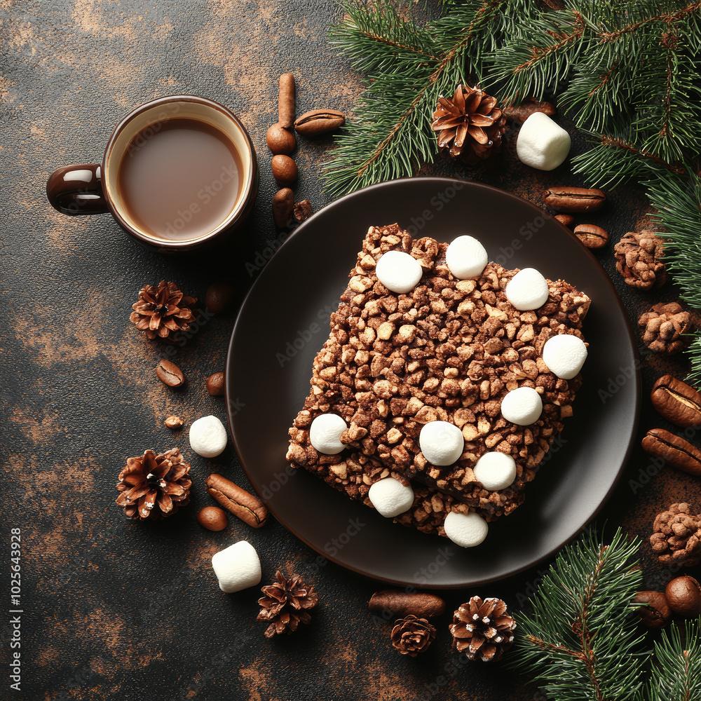 Delight in cozy winter scene featuring plate of chocolate marshmallow treats, surrounded by pine cones, coffee, and festive greenery. Perfect for holiday gatherings! Delight in cozy winter scene featuring plate of chocolate marshmallow treats, surrounded by pine cones, coffee, and festive greenery. Perfect for holiday gatherings!