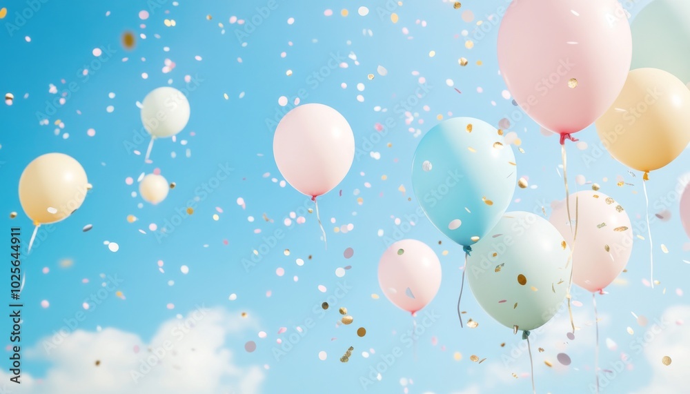 Colorful balloons and confetti float in a bright blue sky. Colorful balloons and confetti float in a bright blue sky.