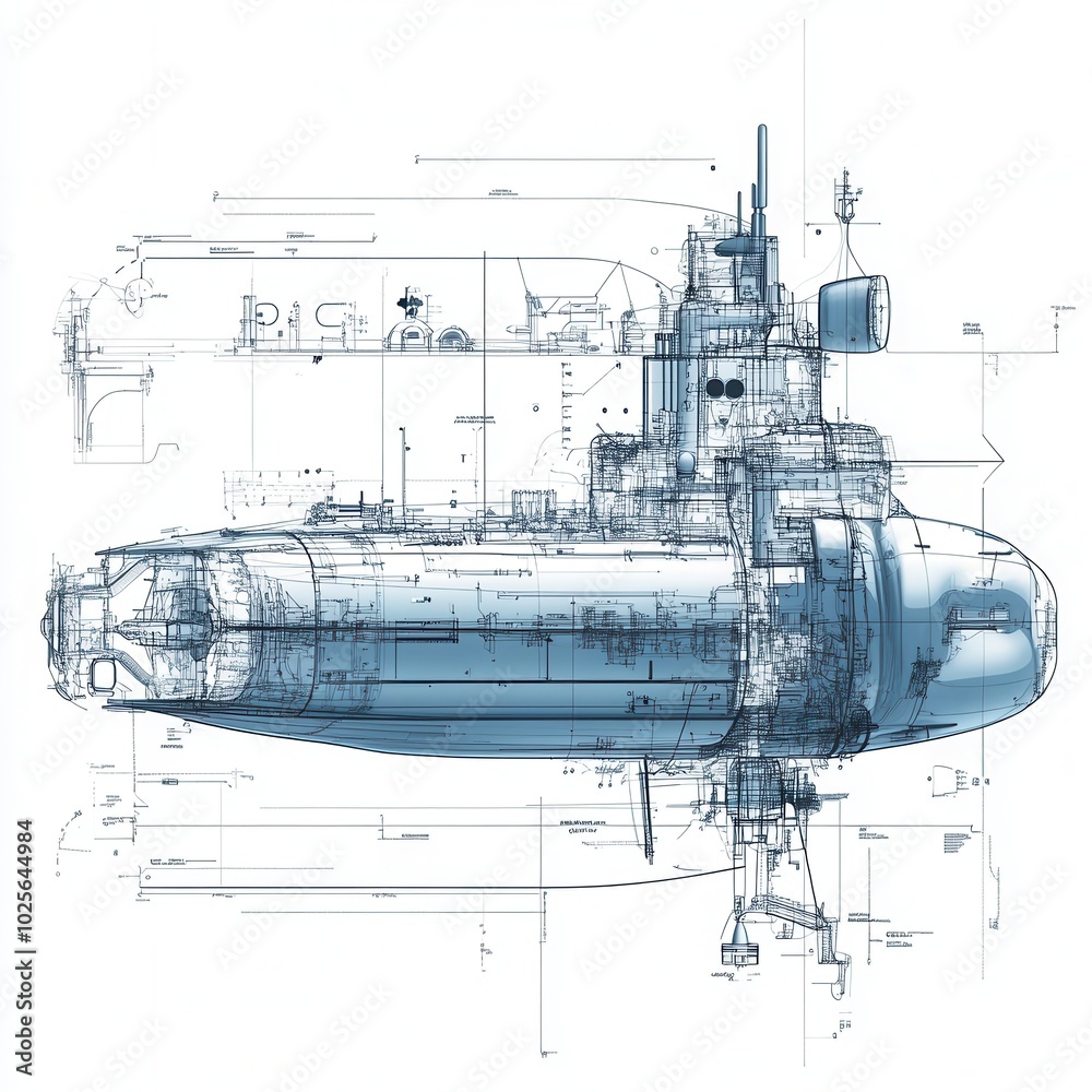 Obraz premium Submarine cross-section technical drawing style, with copy space