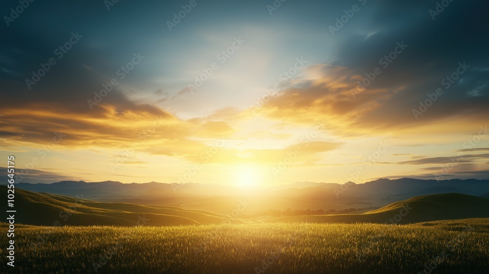 Obraz premium A sunrise over a peaceful landscape, symbolizing new beginnings and positive energy.