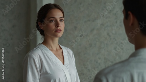 A woman in white clothes is looking askance at