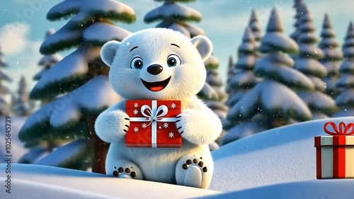 Adorable cartoon polar bear holding a red gift box in a snowy winter landscape