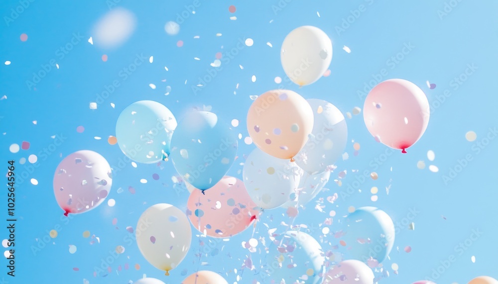 Pastel balloons and confetti float against a bright blue sky. Pastel balloons and confetti float against a bright blue sky.