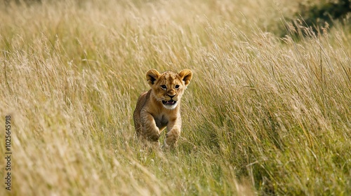 A young lion cub with a playful expression runs through tall grass in the African savanna.