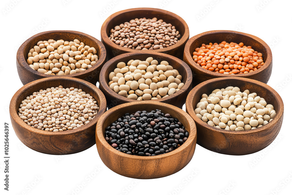 Aromatic Collection of Legumes: Seven wooden bowls overflow with a variety of colorful legumes, including lentils, beans, and grains, creating a vibrant and healthy display. Aromatic Collection of Legumes: Seven wooden bowls overflow with a variety of colorful legumes, including lentils, beans, and grains, creating a vibrant and healthy display.