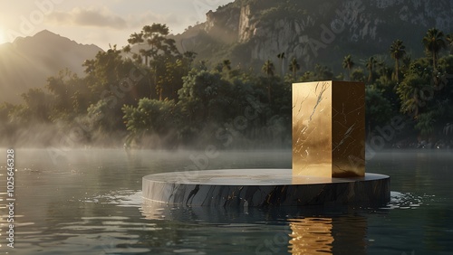 Floating Marble Podium Above Misty Waters at Sunrise – Perfect for Luxury Product Mockups photo