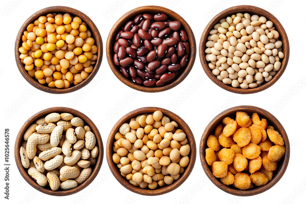 A Collection of Dried Beans, Peas, and Nuts in Wooden Bowls: A visually appealing arrangement of various dried legumes and nuts, including chickpeas, red kidney beans, white beans, cashews, peanuts. A Collection of Dried Beans, Peas, and Nuts in Wooden Bowls: A visually appealing arrangement of various dried legumes and nuts, including chickpeas, red kidney beans, white beans, cashews, peanuts.