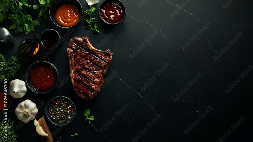Grilled steak with a variety of sauces and fresh herbs Grilled steak with a variety of sauces and fresh herbs